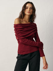 Off-Shoulder Ruched Wool Blend T-Shirt