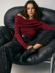 Off-Shoulder Ruched Wool Blend T-Shirt