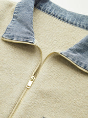 Denim Panel Zipper-Front Knit Cardigan