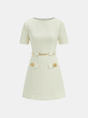 Metal Detail Tweed Belted Mini Dress