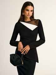 Mesh Neck Contrast Panel Asymmetrical Blouse