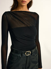 Mesh Panel Ruched Long Sleeve Bodysuit