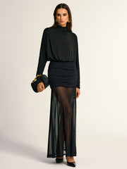 Turtleneck Long Sleeve Drape Ruched Mesh Dress