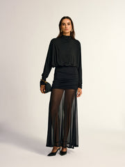 Turtleneck Long Sleeve Drape Ruched Mesh Dress