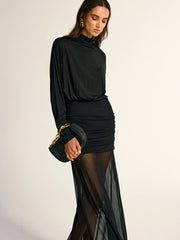 Turtleneck Long Sleeve Drape Ruched Mesh Dress