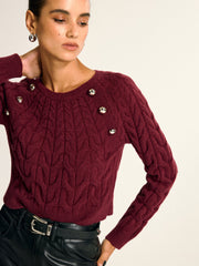 Metal Detail Cable Knit Round Neck Sweater