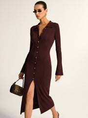 Metal Button Collar Ribbed Knit Midi Dress
