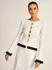 Contrast Ruffle Trim Cut-Out Knit Top