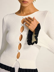 Contrast Ruffle Trim Cut-Out Knit Top