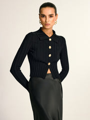 Metal Button Fitted Collared Knit Top