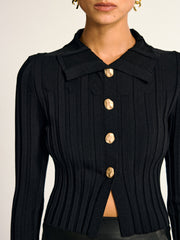 Metal Button Fitted Collared Knit Top