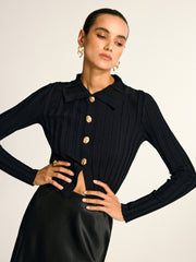 Metal Button Fitted Collared Knit Top