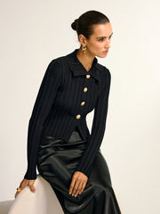 Metal Button Fitted Collared Knit Top