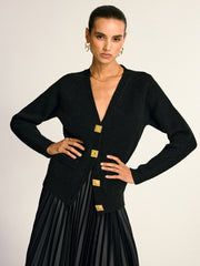 Metal Button V-Neck Wool Blend Cardigan
