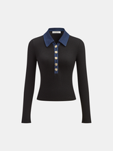 Contrast Collar Metal Button Ribbed Knit T-Shirt