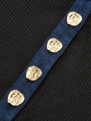 Contrast Collar Metal Button Ribbed Knit T-Shirt