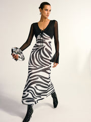 Zebra Print Mesh Maxi Dress