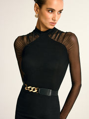 Stand Collar Sheer Sleeve Fitted Blouse