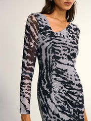 Long Sleeve Ruched Abstract Print Dress