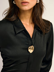 Satin Shirt Collar Ruched Asymmetrical Dress