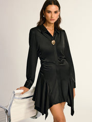 Satin Shirt Collar Ruched Asymmetrical Dress