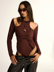 Cut-Out Twist Front Long Sleeve Bodysuit