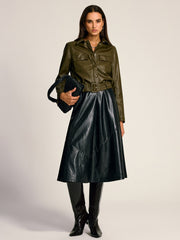 Belted PU Leather Cargo Shirt Jacket