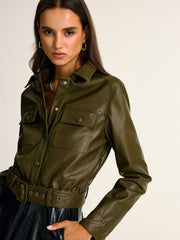 Belted PU Leather Cargo Shirt Jacket