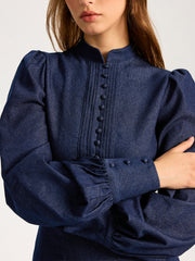Denim Stand Collar Puff Sleeve Mini Dress