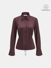 Wrinkle-resistant Flare-Cuff Pleated Tie Waist Shirt