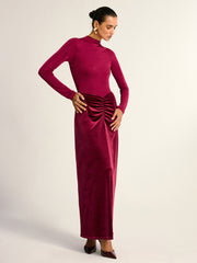 Velvet Panel Mock Neck Backless Maxi Dress