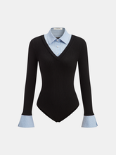 2 in 1 Striped Shirt Panel Ribbed Bodysuit