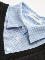 2 in 1 Striped Shirt Panel Ribbed Bodysuit