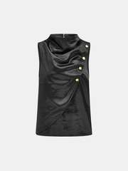 Metal Detail Satin Stand Collar Sleeveless Top