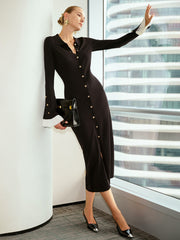 Contrast Flared Cuff Metal Button Shirt Dress