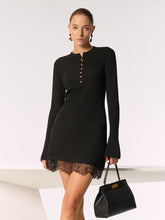 Wool Blend Lace Hem Metal Button Mini Dress
