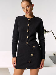 Metal Button Cardigan and Asymmetric Skirt Set