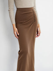 Ruched Side Button Wool Blend Sweater Skirt