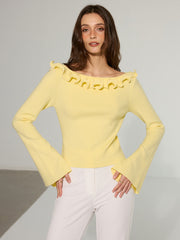Off-Shoulder Ruffled Collar Flared Sleeve Sweater