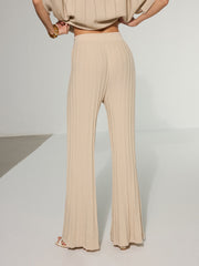 Textured Wool Blend Mid-Waist Flared Pants