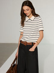 Contrast Wave Trim Striped Polo Knit Top