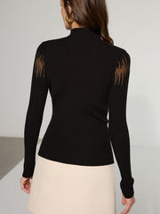 Mandarin Collar Sheer Panel Ribbed Knit Top