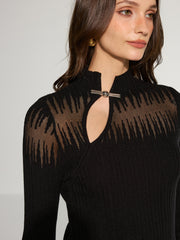 Mandarin Collar Sheer Panel Ribbed Knit Top