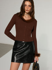 Faux Fur Trim Ribbed Knit Top