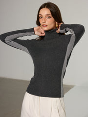 Color-Block Turtleneck Wool Blend Knit Top