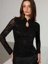 Mandarin Collar Floral Lace Long Sleeve T-Shirt