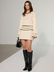 Textured Contrast Ruffled Hem Open-Knit Sweater