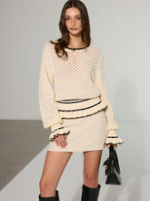 Textured Contrast Ruffled Hem Open-Knit Sweater