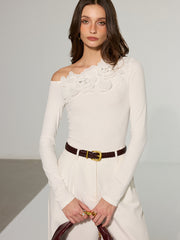 Off-Shoulder 3D Floral Embellished T-Shirt