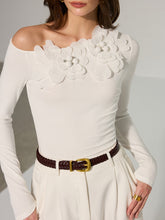 Off-Shoulder 3D Floral Embellished T-Shirt